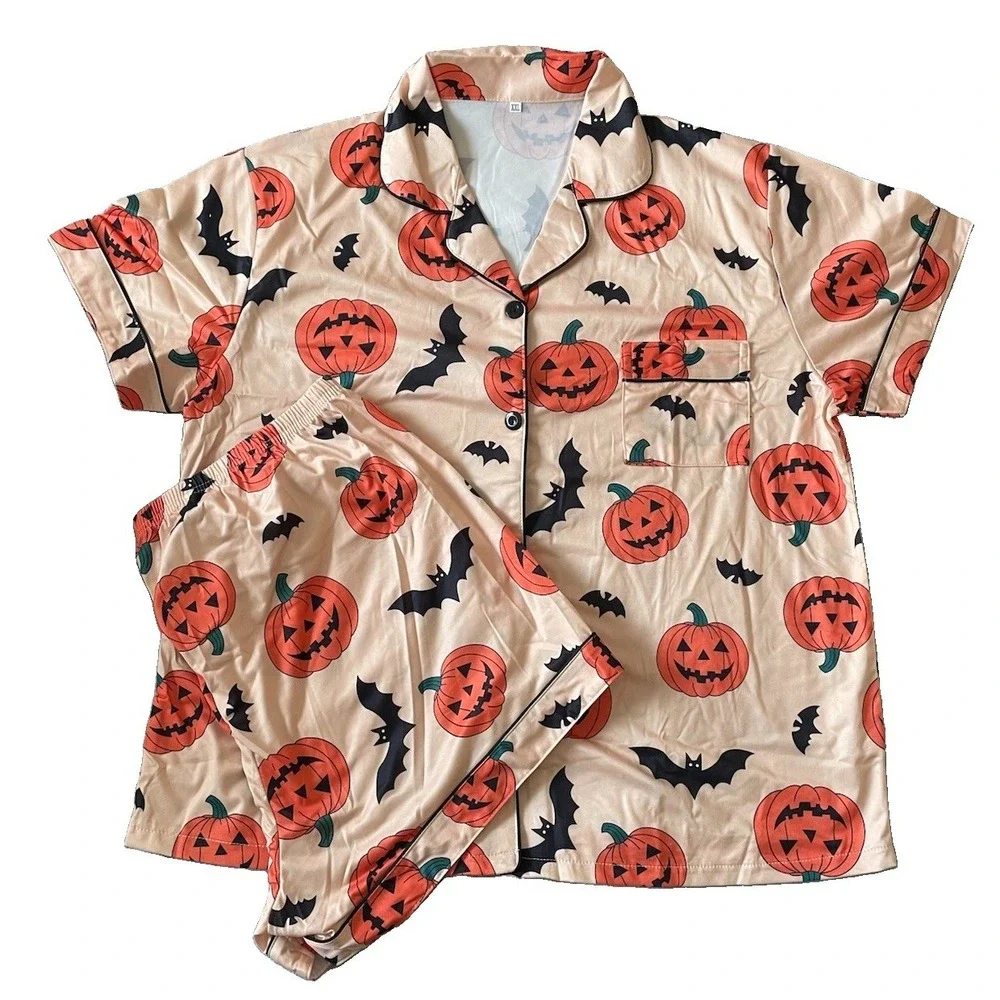 Halloween Pumpkin Bat Pajama Set XXL Shorts Lounge Sleepwear Cute Spooky Orange